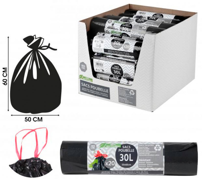 SACS POUBELLE NOIR 30L RLX DE 20 SACS LIEN COULISSANT ECO RECYCLE