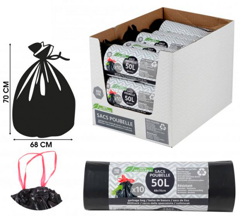 SACS POUBELLE NOIR 50L RLX DE 10 SACS LIEN COULISSANT ECO RECYCLE