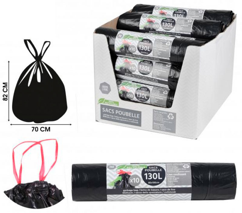 SACS POUBELLE NOIR 130L RLX DE 10 SACS LIEN COULISSANT ECO RECYCLE