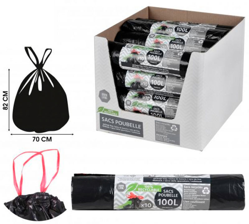 SACS POUBELLE NOIR 100L RLX DE 10 SACS COULISSANT ECO RECYCLE