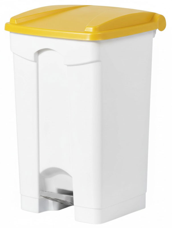 POUBELLE BLANCHE 90L A PEDALE COUVERCLE JAUNE