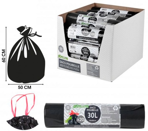 [FOR19088] SACS POUBELLE NOIR 30L RLX DE 20 SACS LIEN COULISSANT ECO RECYCLE
